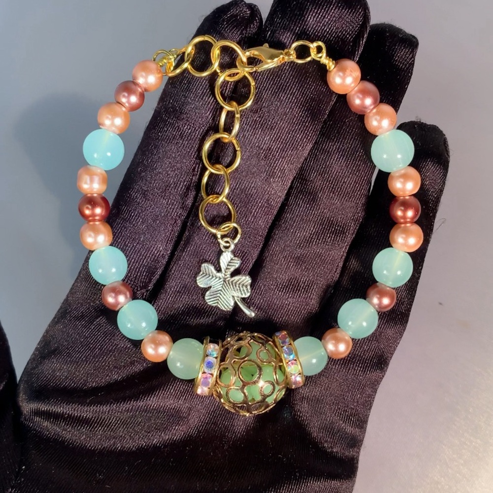 --- SOLD --- DIVINE FORTUNE — Handmade Aquamarine Glass Beaded Bracelet w Charm
